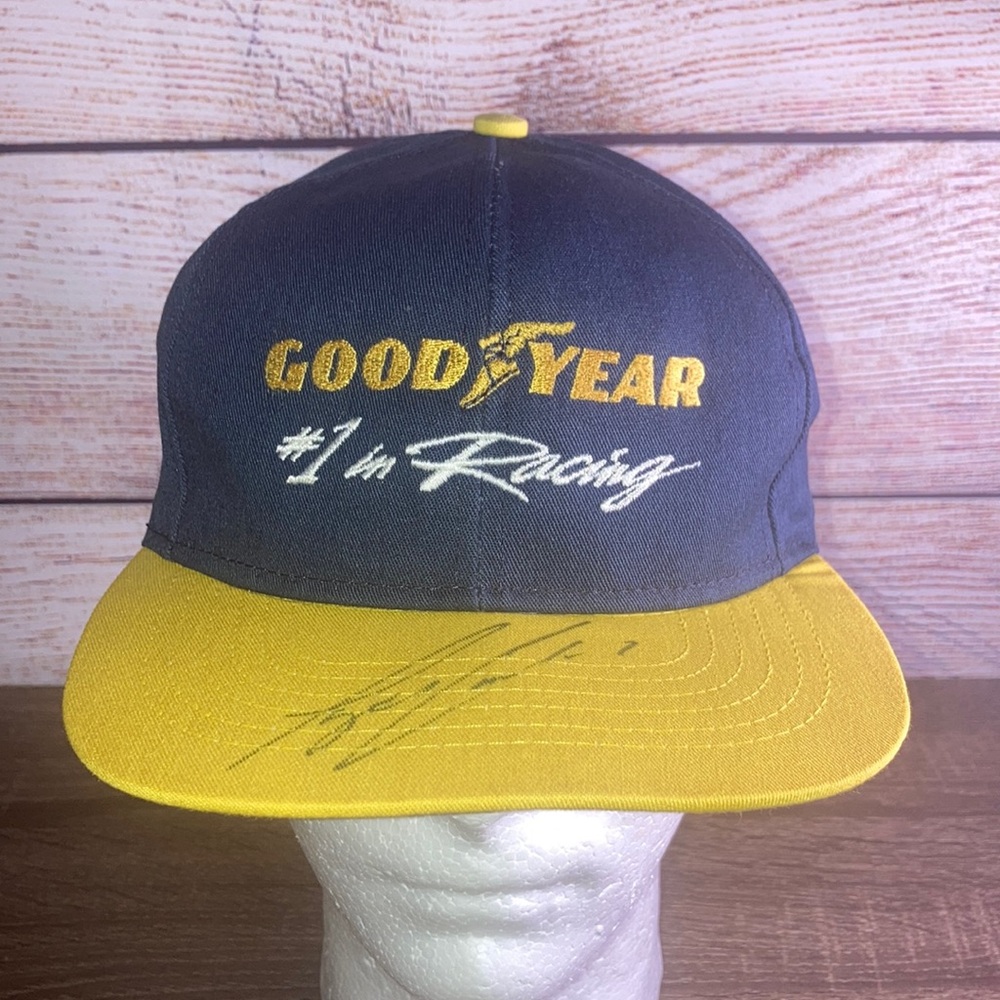 Vintage Goodyear Racing Cap in Blue and Yellow by Swingster Unknown Autograph